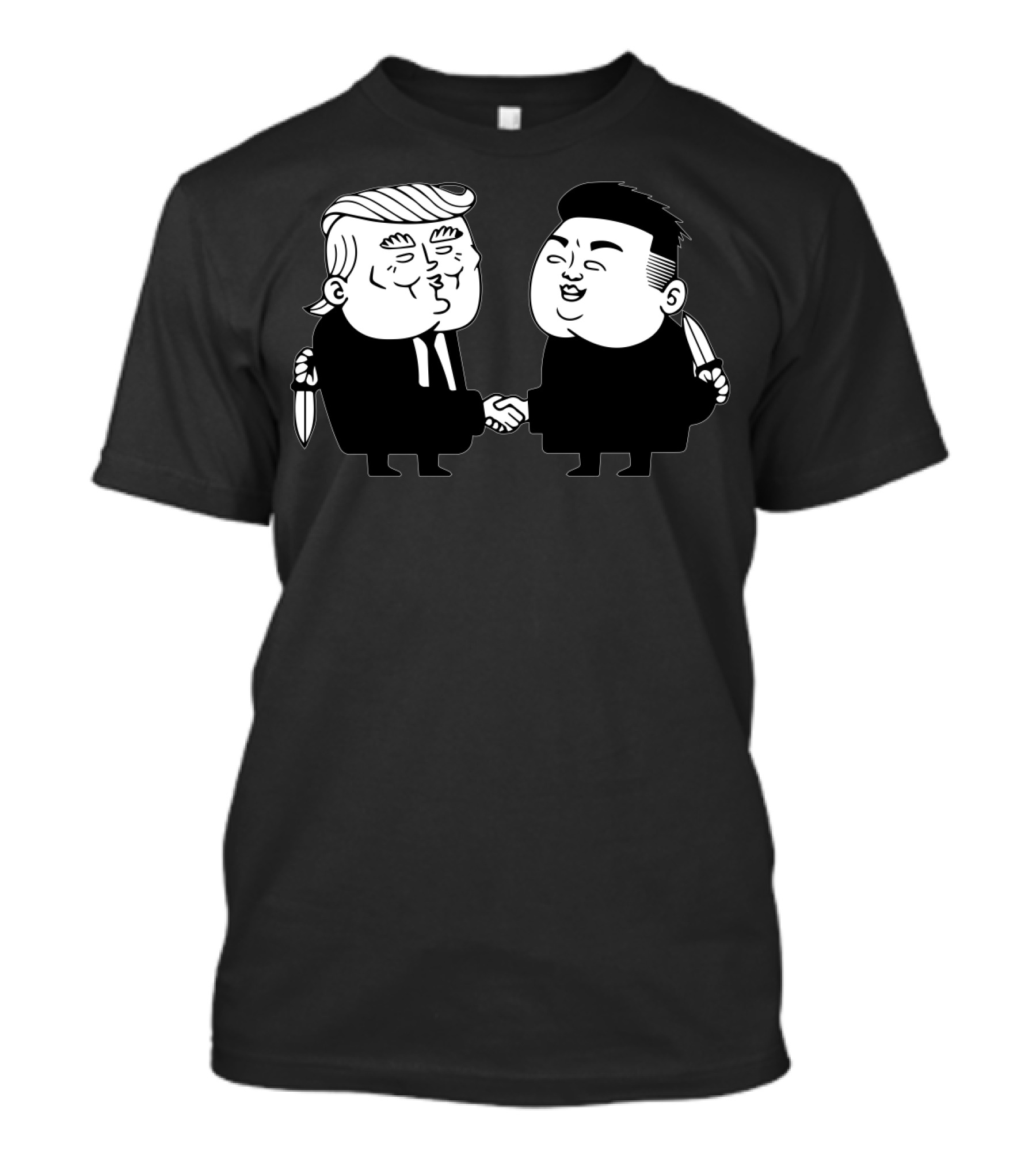 Trump And Kim Jong Un Shaking Hands Cartoon Parody With Hidden Daggers T-Shirt