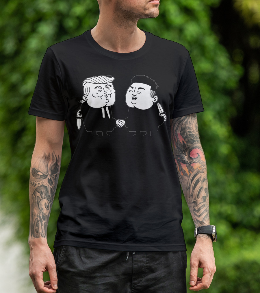 Trump And Kim Jong Un Shaking Hands Cartoon Parody With Hidden Daggers T-Shirt