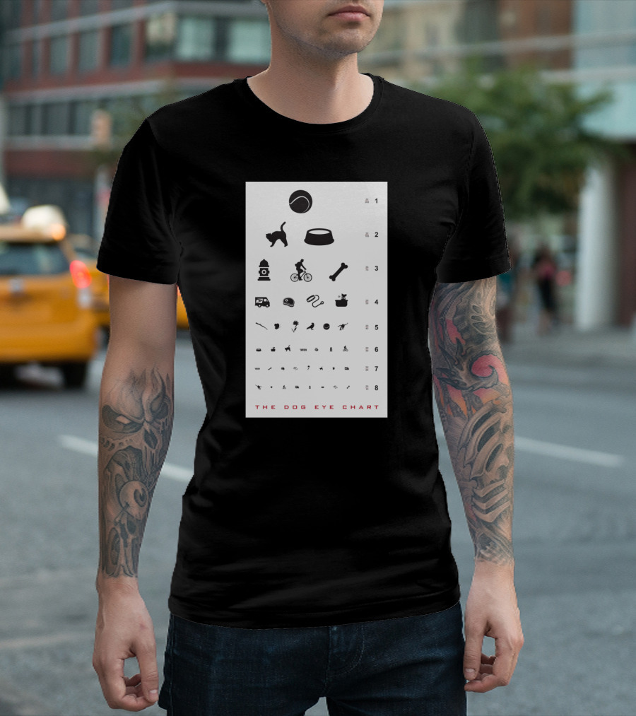 The Dog Eye Chart with Ball Bowl Hydrant Bone Icons for Canine Vision Test T-Shirt