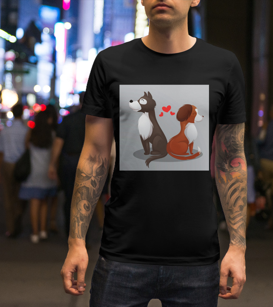 Cartoon Dogs With Hearts In Love Scene T-Shirt