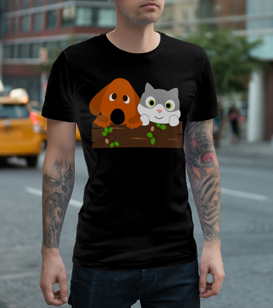 Baby Decoration Cat and Dog on Wooden Log Illustration Stuff T-Shirt