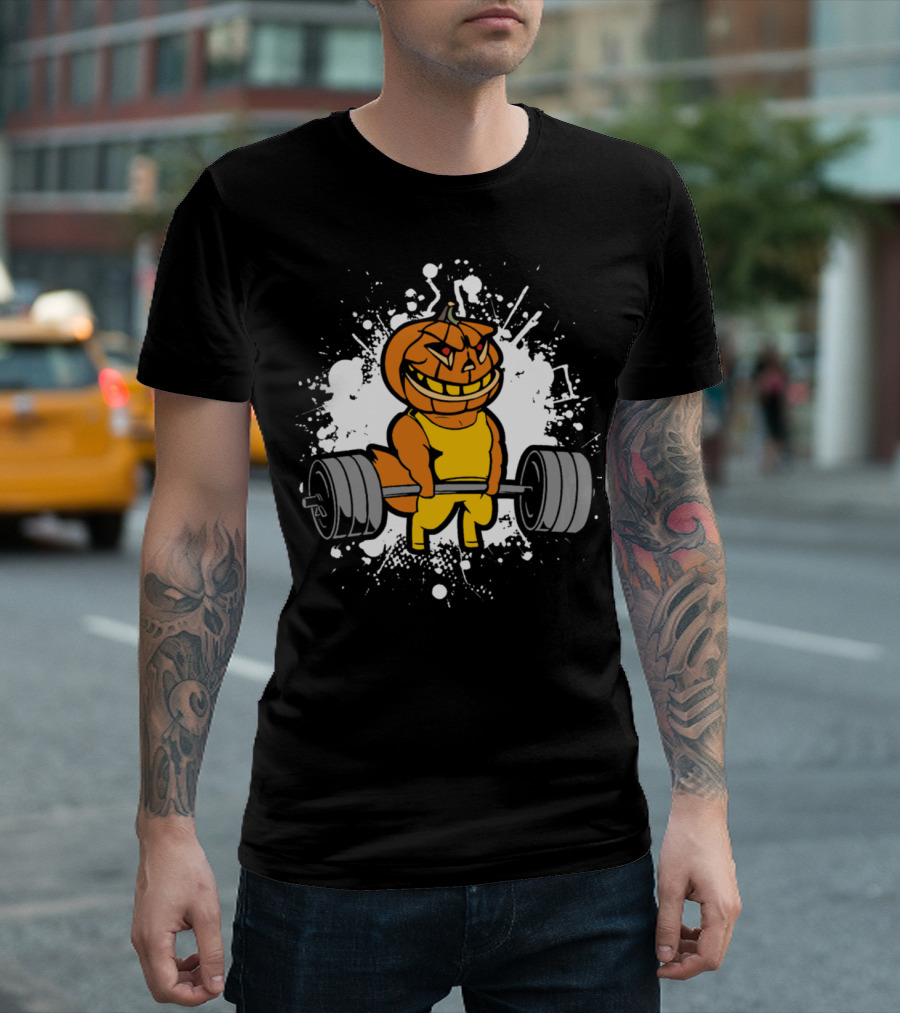 Halloween Pumpkin Weightlifting Gym Workout Character Lifting Barbell T-Shirt