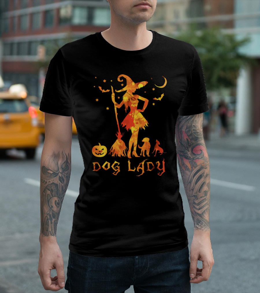 Dog Lady Witch Halloween Pumpkin Bats Moon T-Shirt