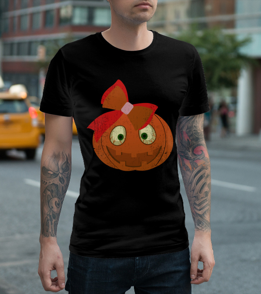 Pumpkin Head Girl with Red Bow Halloween Women T-Shirt