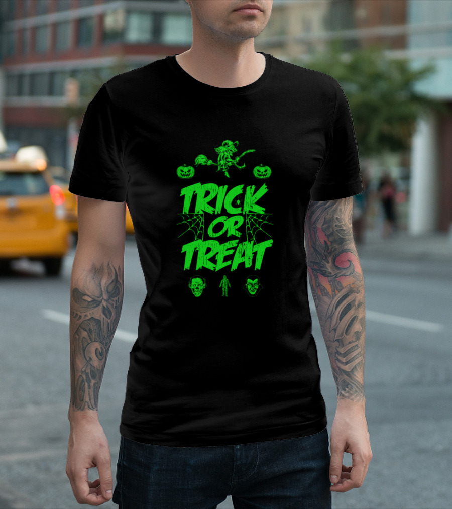 Trick Or Treat Witch And Pumpkins With Horror Faces T-Shirt
