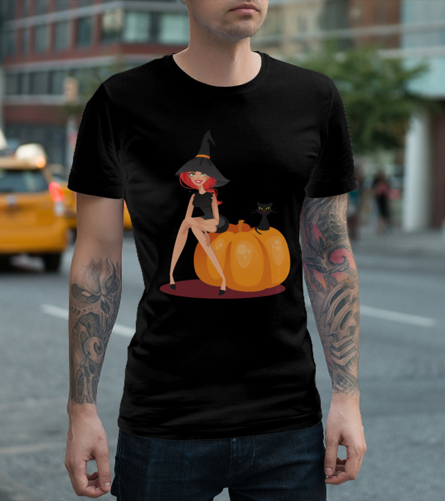 Happy Halloween Cute Witch with Pumpkin and Cat T-Shirt