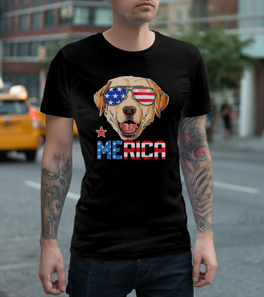 Labrador Dog With American Flag Sunglasses Merica USA 4th Of July T-Shirt