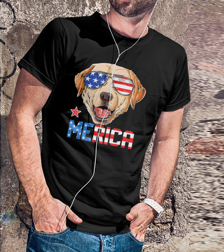 Labrador Dog With American Flag Sunglasses Merica USA 4th Of July T-Shirt