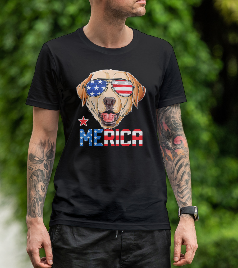 Labrador Dog With American Flag Sunglasses Merica USA 4th Of July T-Shirt