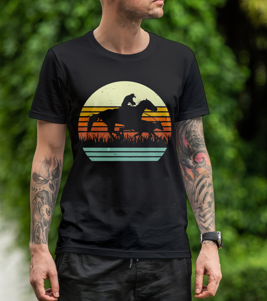 Retro Sun Style Cowboy Calf Roping Horse T-Shirt