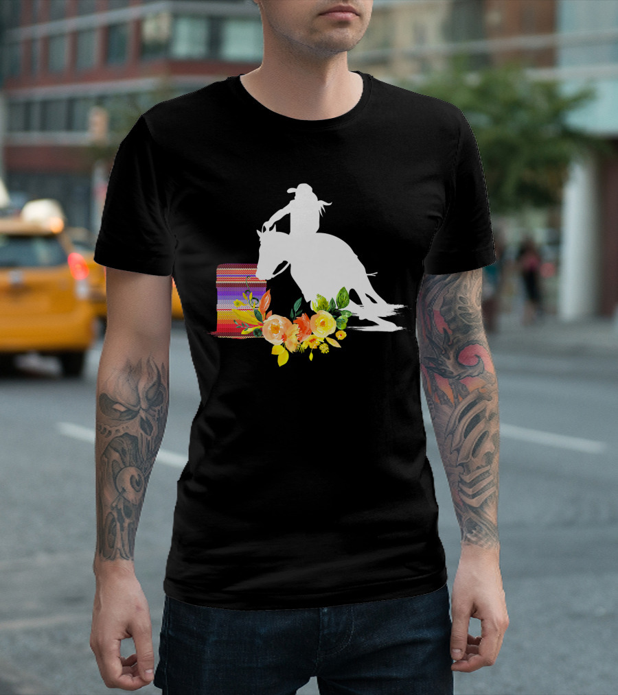 Horse Barrel Racing Cowgirl with Vibrant Floral Accents T-Shirt