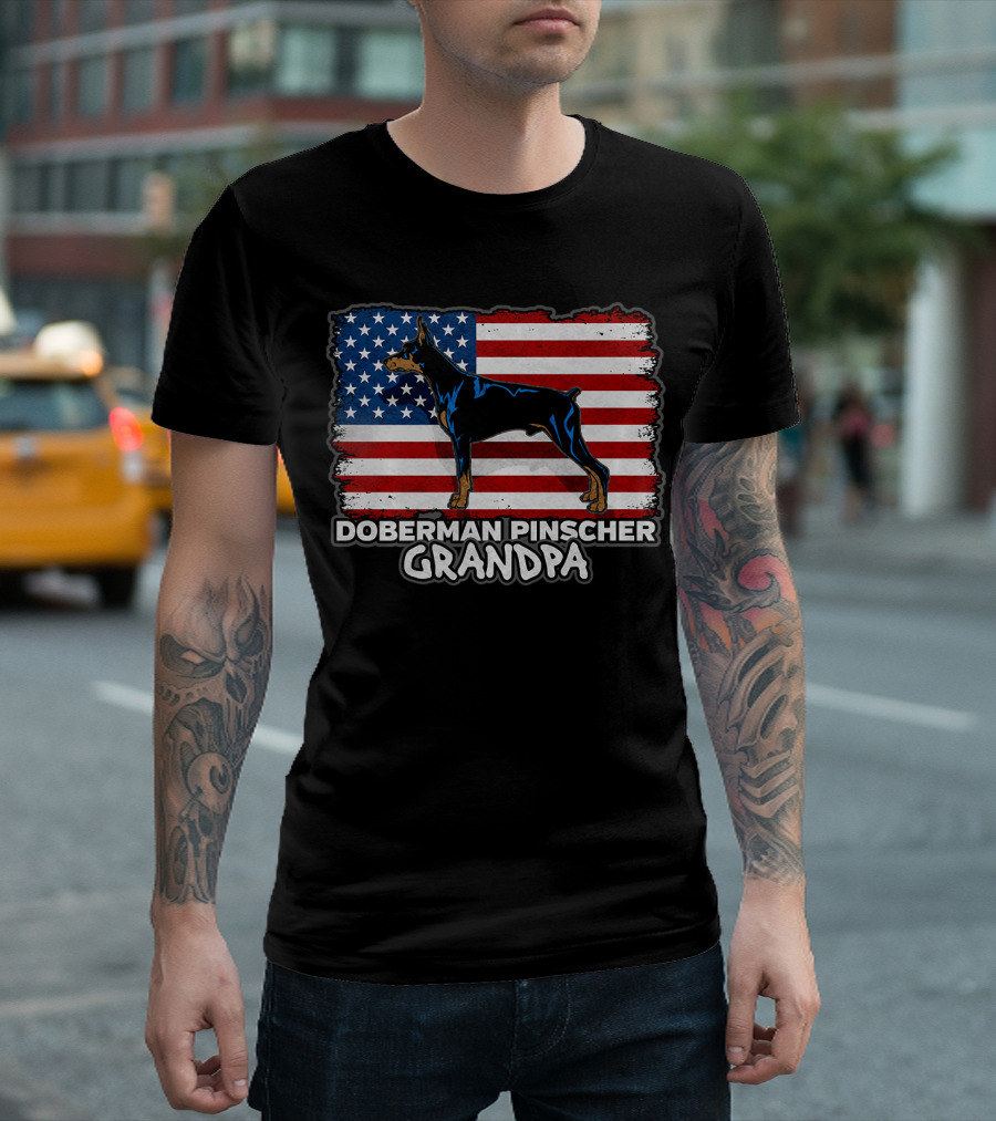 Doberman Pinscher Grandpa American Flag Background T-Shirt