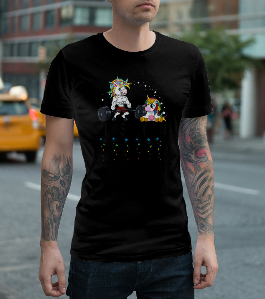 Mens Popsicorn Unicorn Lifting Weights with Rainbow Stars T-Shirt