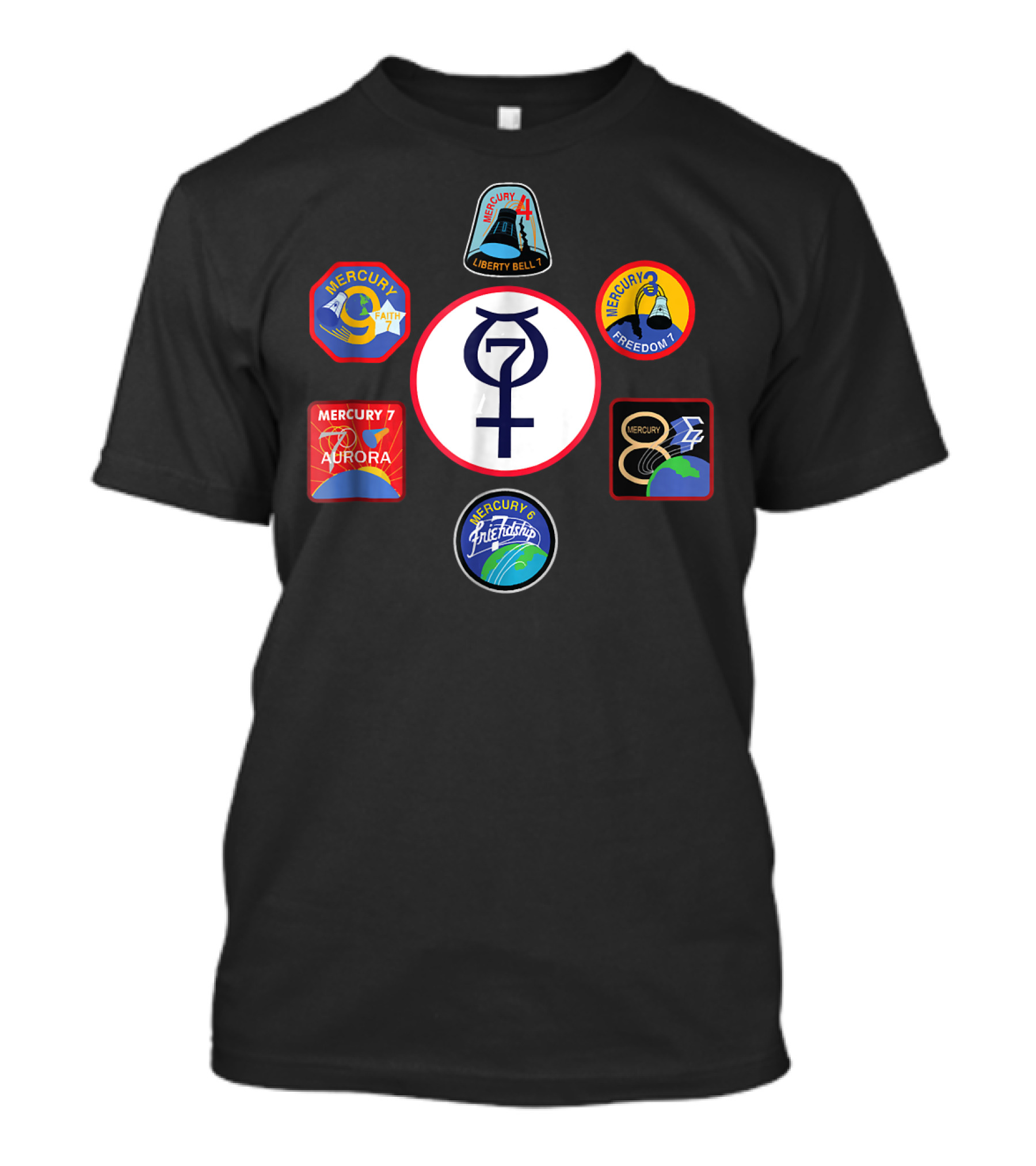 NASA Project Mercury Mission Crew Patches Faith 7 Liberty Bell 7 Freedom 7 Aurora Friendship 7 T-Shirt