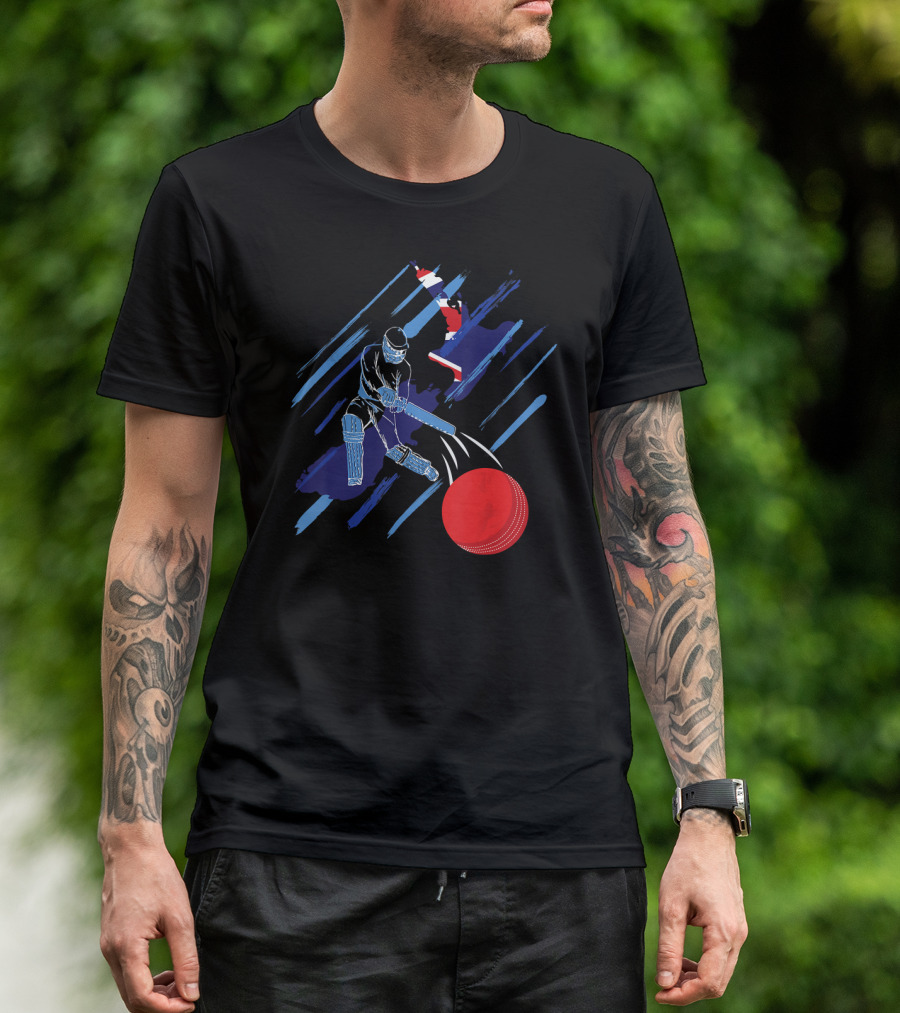 New Zealand Cricket Enthusiast Batting Action With Map And Ball T-Shirt