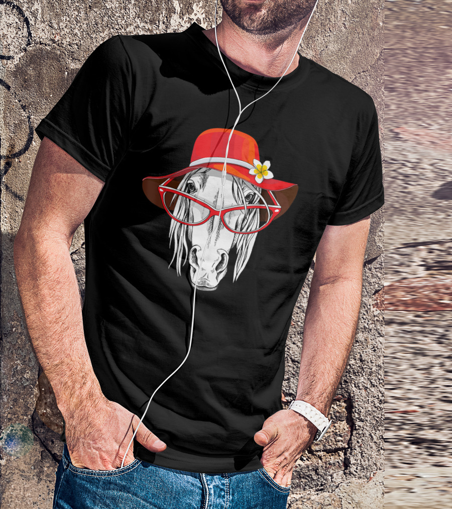 Jasmine Lady Horse With Red Hat And Glasses In Horse Barn T-Shirt