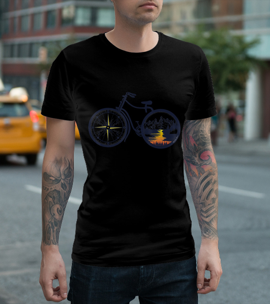 Retro Bicycle with Compass and Mountain Adventure Sunset T-Shirt