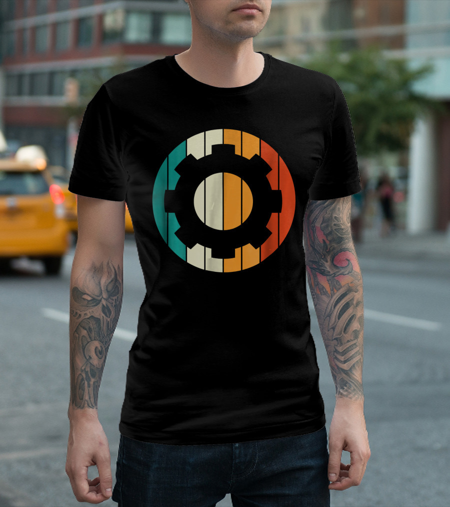 Retro Vintage Mechanical Engineering Gear Icon With Colorful Stripes T-Shirt