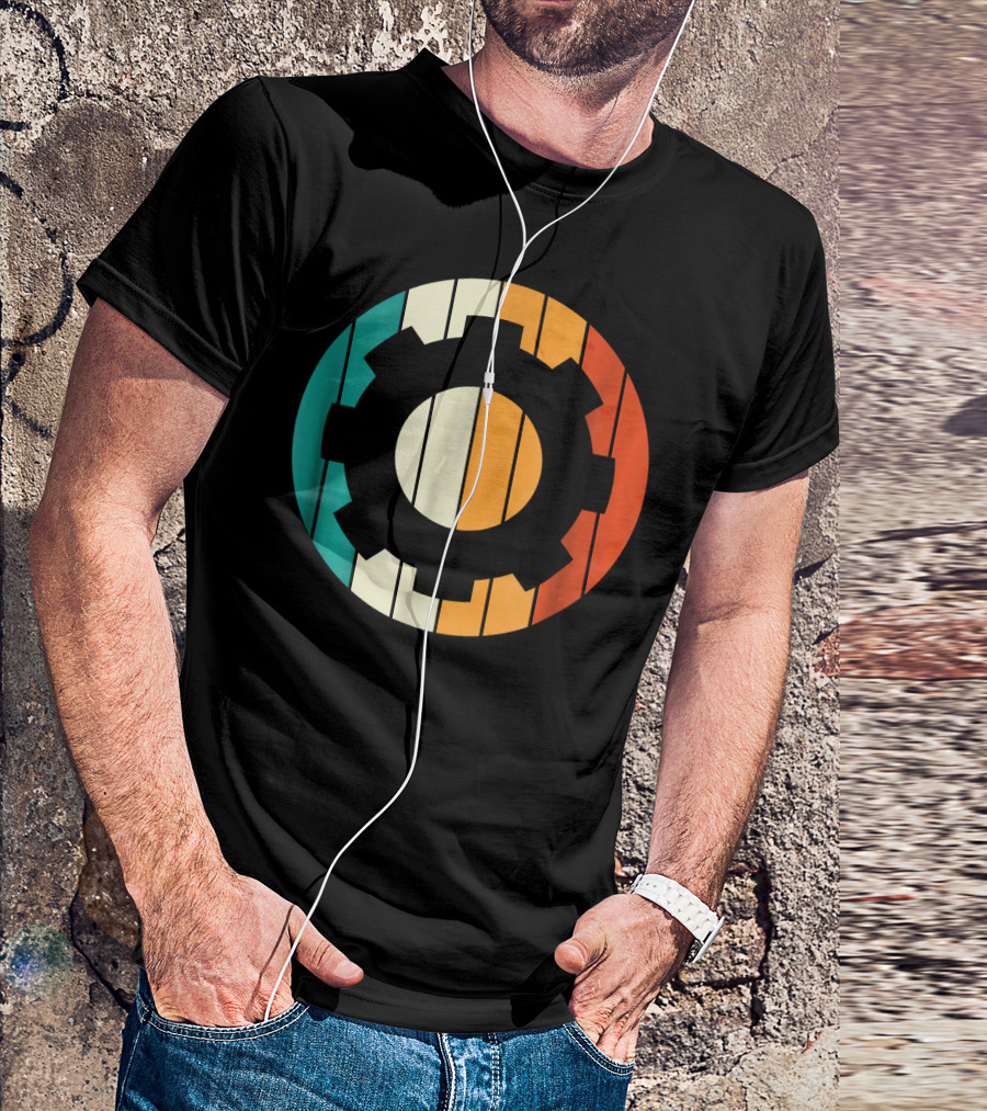 Retro Vintage Mechanical Engineering Gear Icon With Colorful Stripes T-Shirt