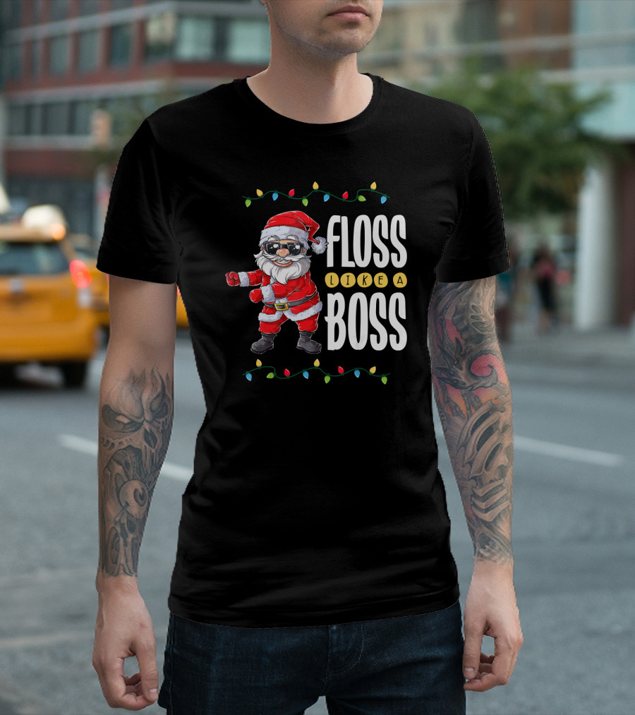 Santa Floss Like A Boss with Holiday Lights and Funky Santa T-Shirt
