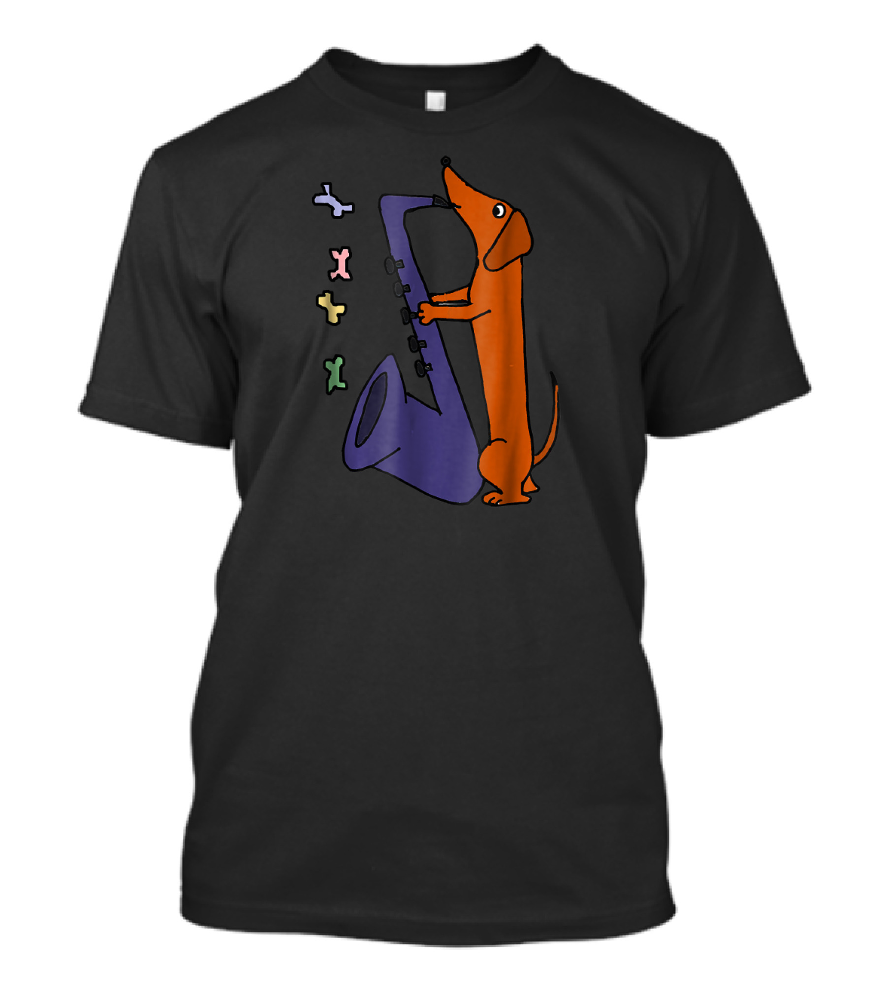 Smilemoretees Funny Red Dachshund Playing Saxophone With Colorful Dog Bones T-Shirt