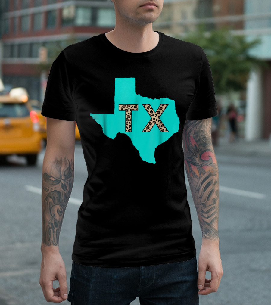 Texas Leopard Print TX Aqua State Outline T-Shirt