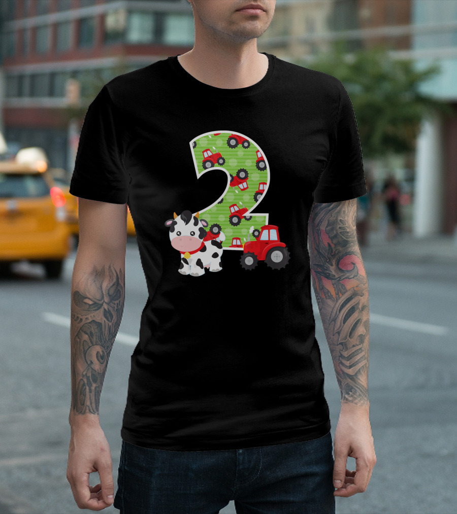 2nd Birthday Cow Tractor Farm Animals Number 2 Years Old T-Shirt