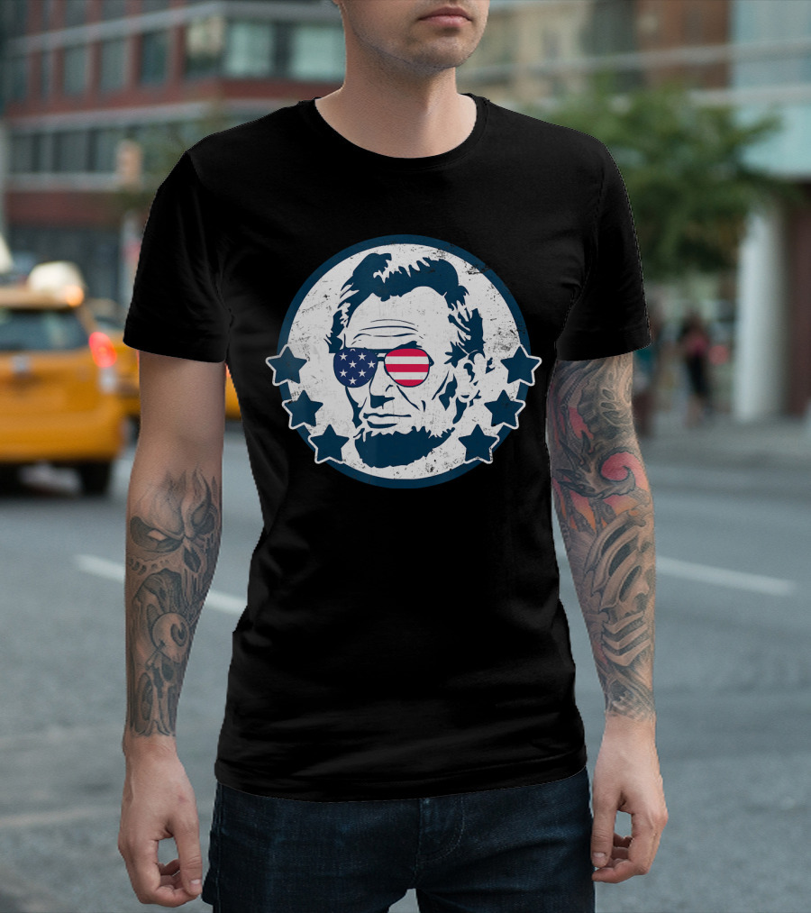 Abraham Lincoln Patriotic Sunglasses American Flag Stars 4th of July T-Shirt