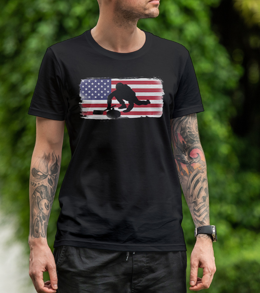 American Flag Curling Sport Game Player USA T-Shirt