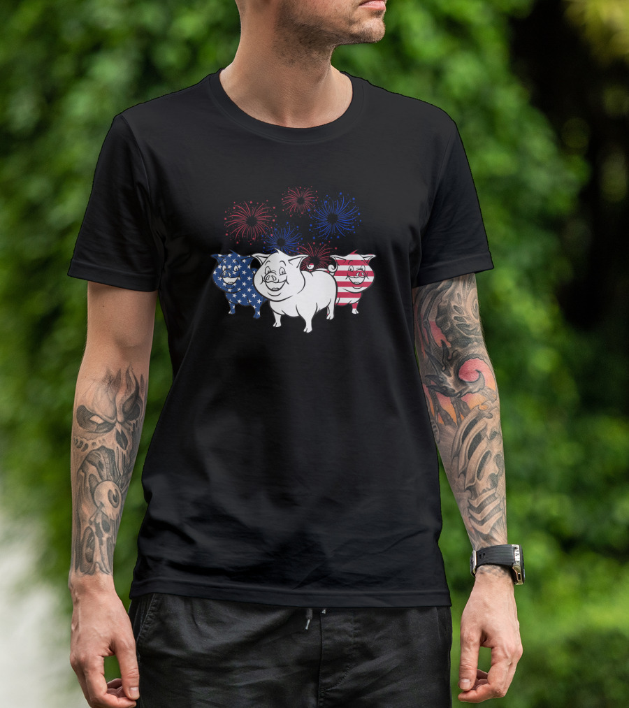 American Independence Day Pig Trio With Fireworks T-Shirt