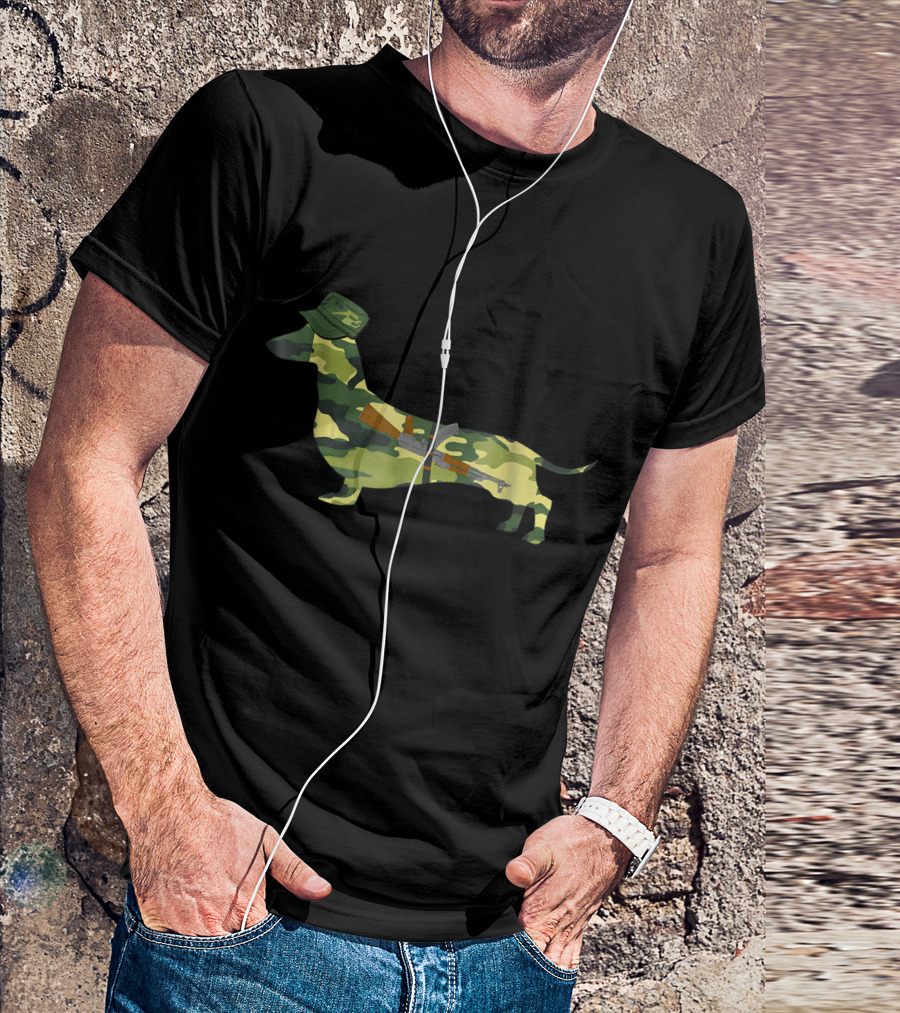 Army Dachshund Doxie Camo Military Gun Hat T-Shirt
