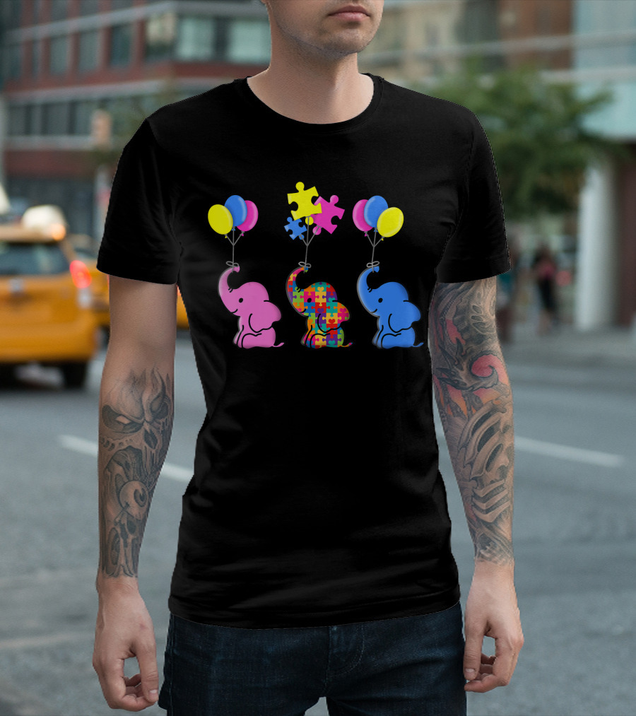 Autism Awareness Elephant with Puzzle Pattern and Balloons T-Shirt