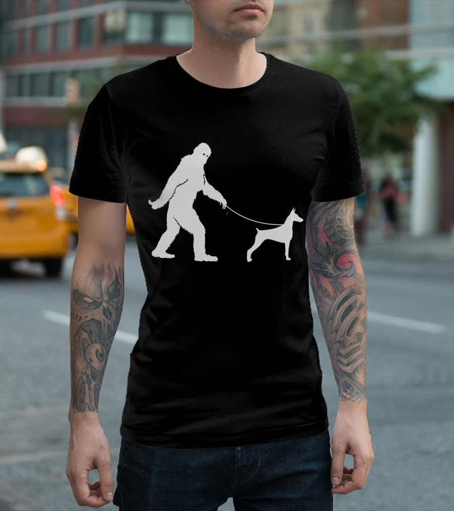 Bigfoot Walking Doberman Funny Cute Sasquatch T-Shirt