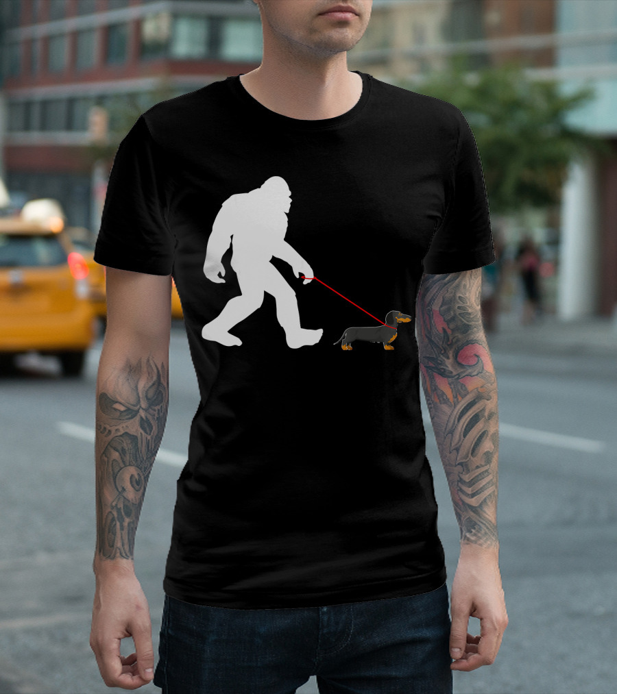 Bigfoot Walking Dachshund Funny Dog Silhouette Humor T-Shirt