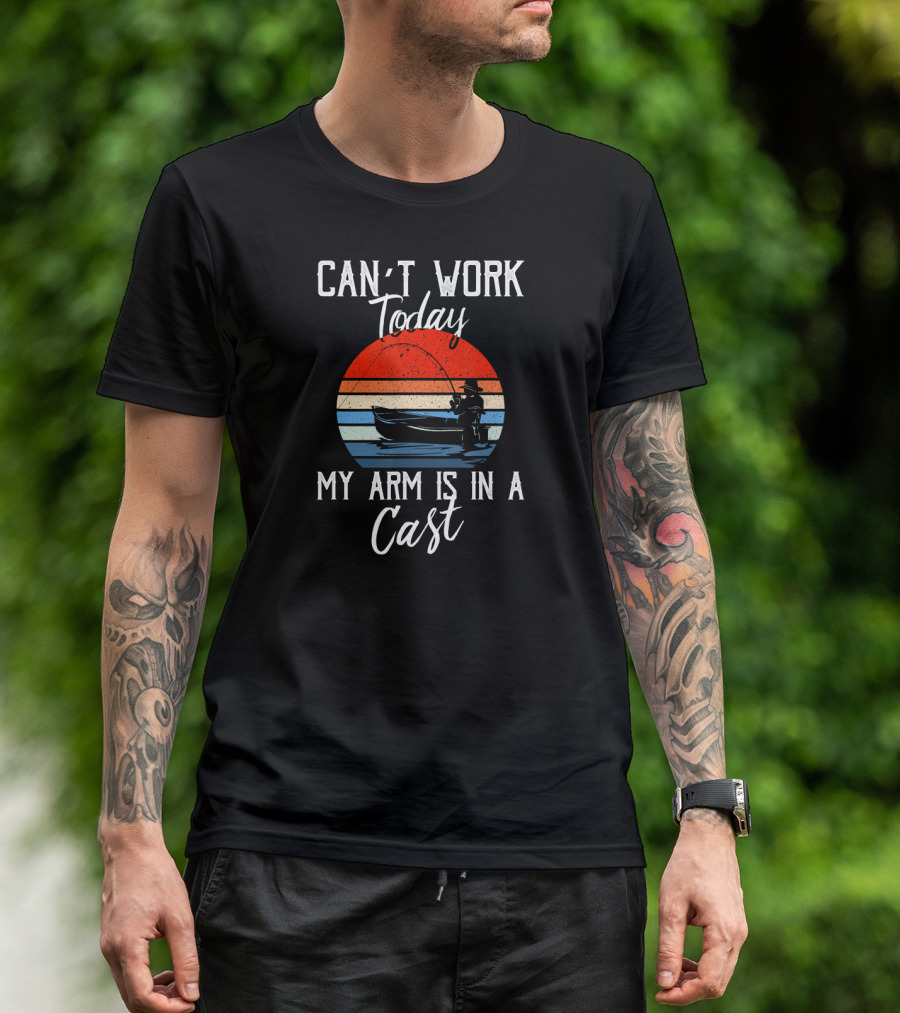 Can't Work Today My Arm Is In A Cast Fishing Retro Sunset T-Shirt