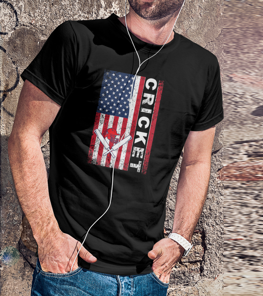 Cricket American USA Flag With Bats And Helmet T-Shirt