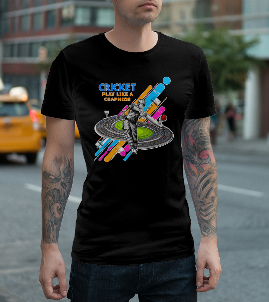 Cricket Play Like a Champion Dynamic Batter Stadium Scene T-Shirt