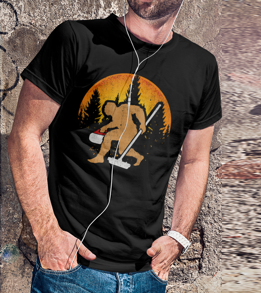 Bigfoot Curling Funny Winter Scene In Forest Sunset T-Shirt