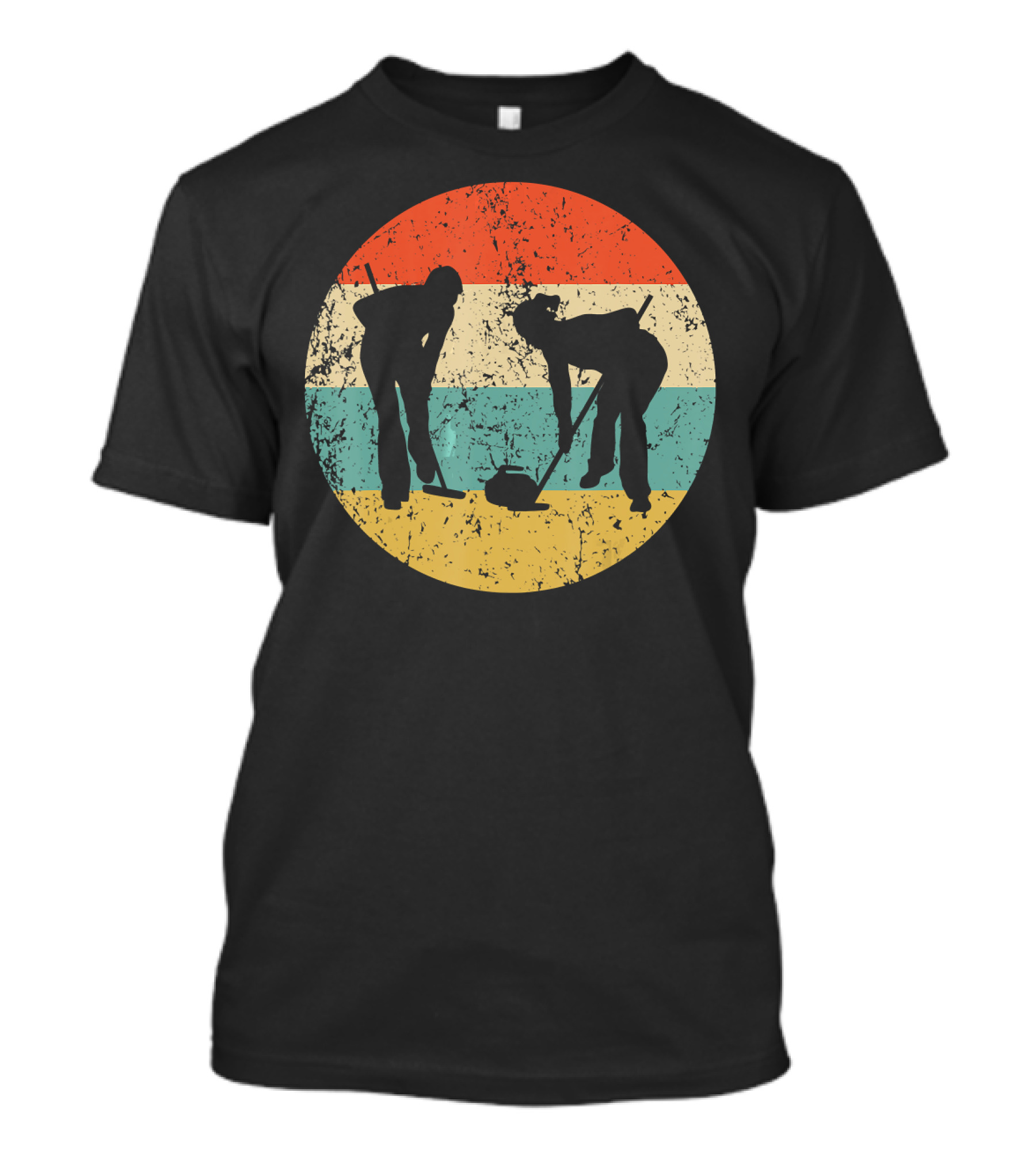 Curling Vintage Retro Curler Silhouettes In Grunge Stripes Circle T-Shirt
