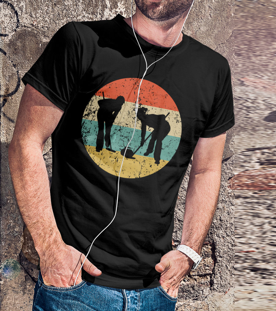 Curling Vintage Retro Curler Silhouettes In Grunge Stripes Circle T-Shirt