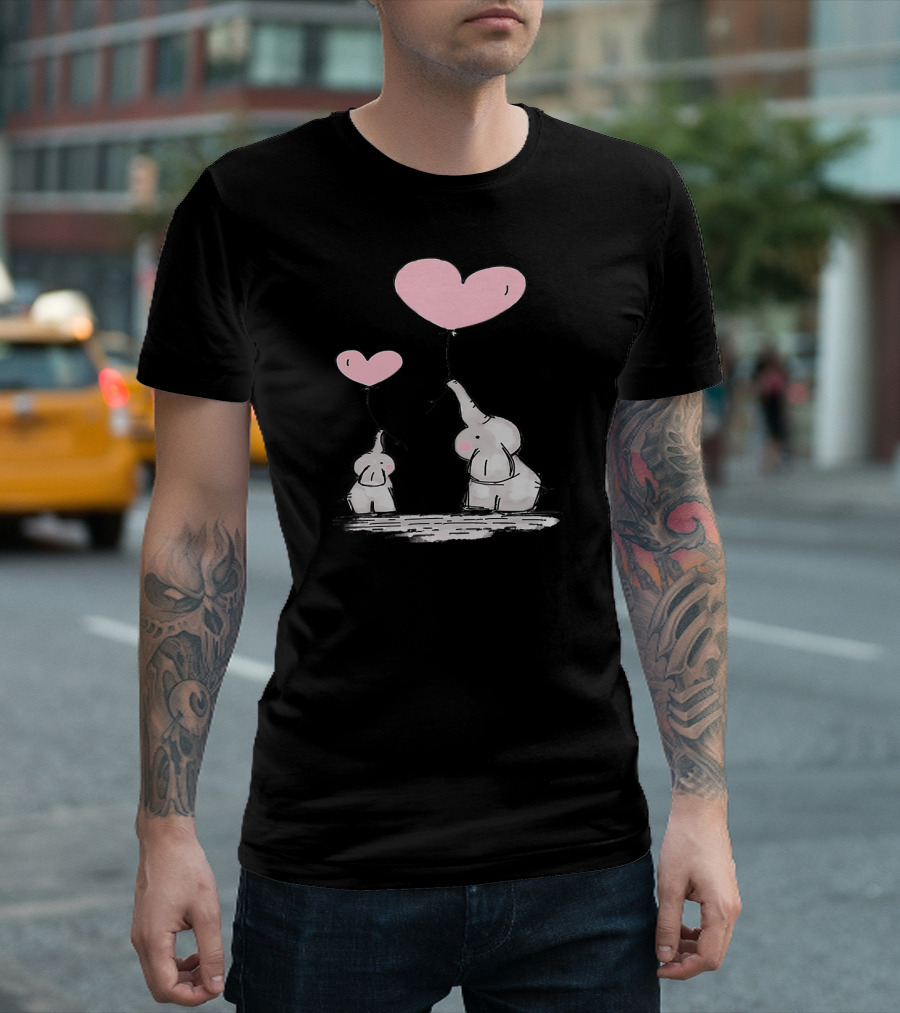 Cute Baby Elephant and Mom Holding Pink Heart Balloons T-Shirt