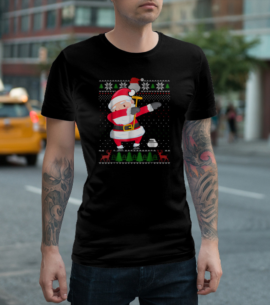 Santa Claus Dabbing With Curling Broom And Stone Holiday T-Shirt