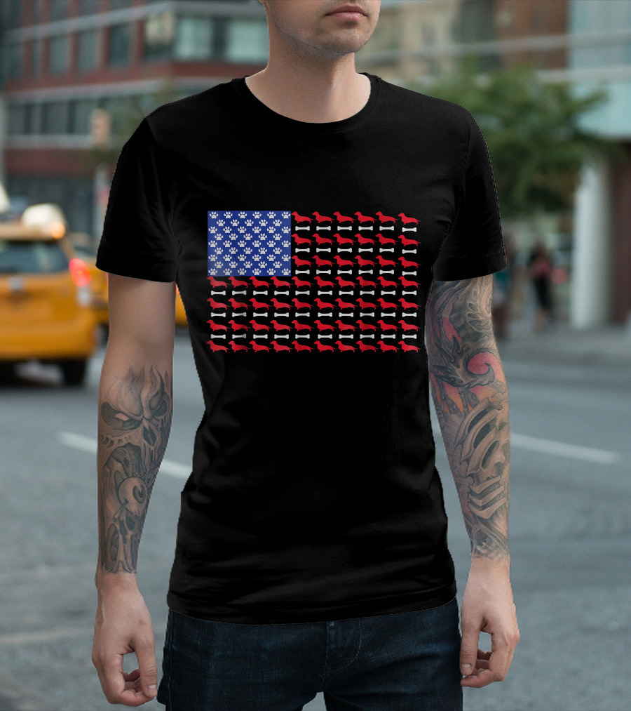 Dachshund American Flag Red White Blue Paw Prints 4th of July T-Shirt
