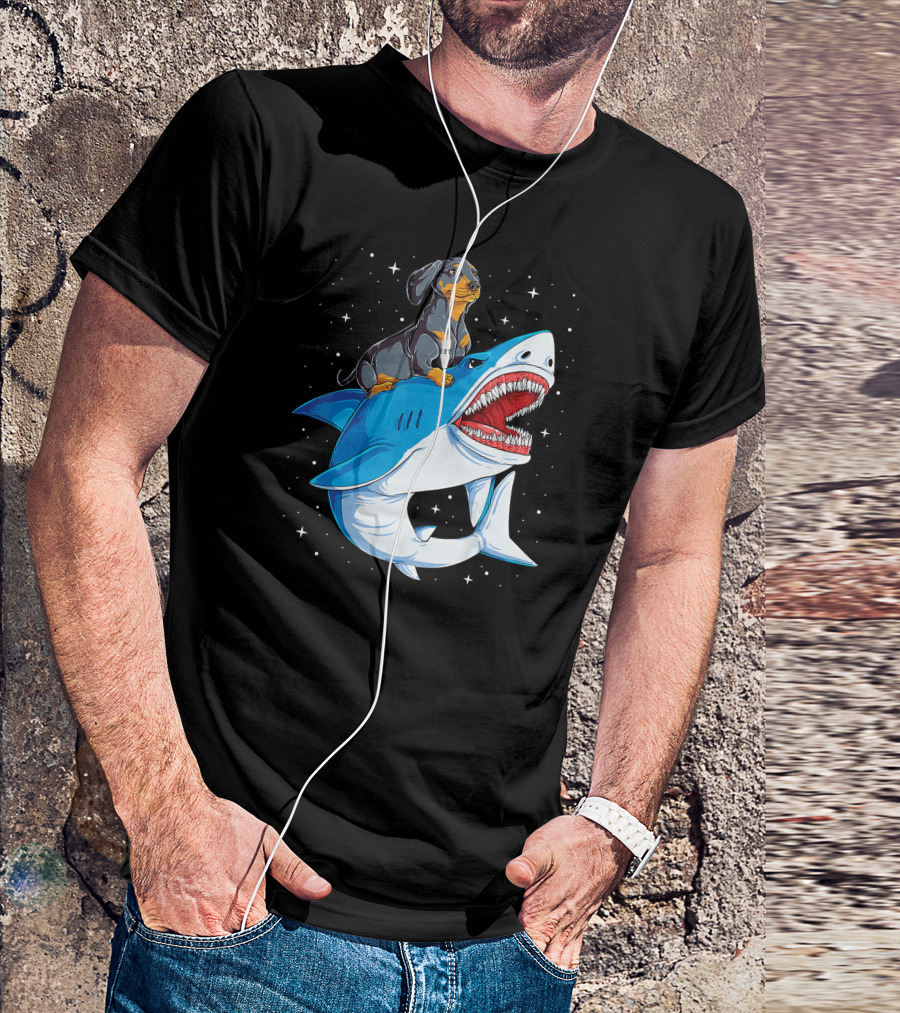 Space Galaxy Dachshund Riding Shark Adventure T-Shirt