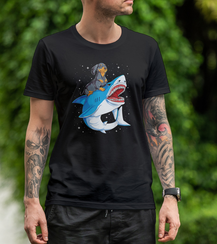 Space Galaxy Dachshund Riding Shark Adventure T-Shirt