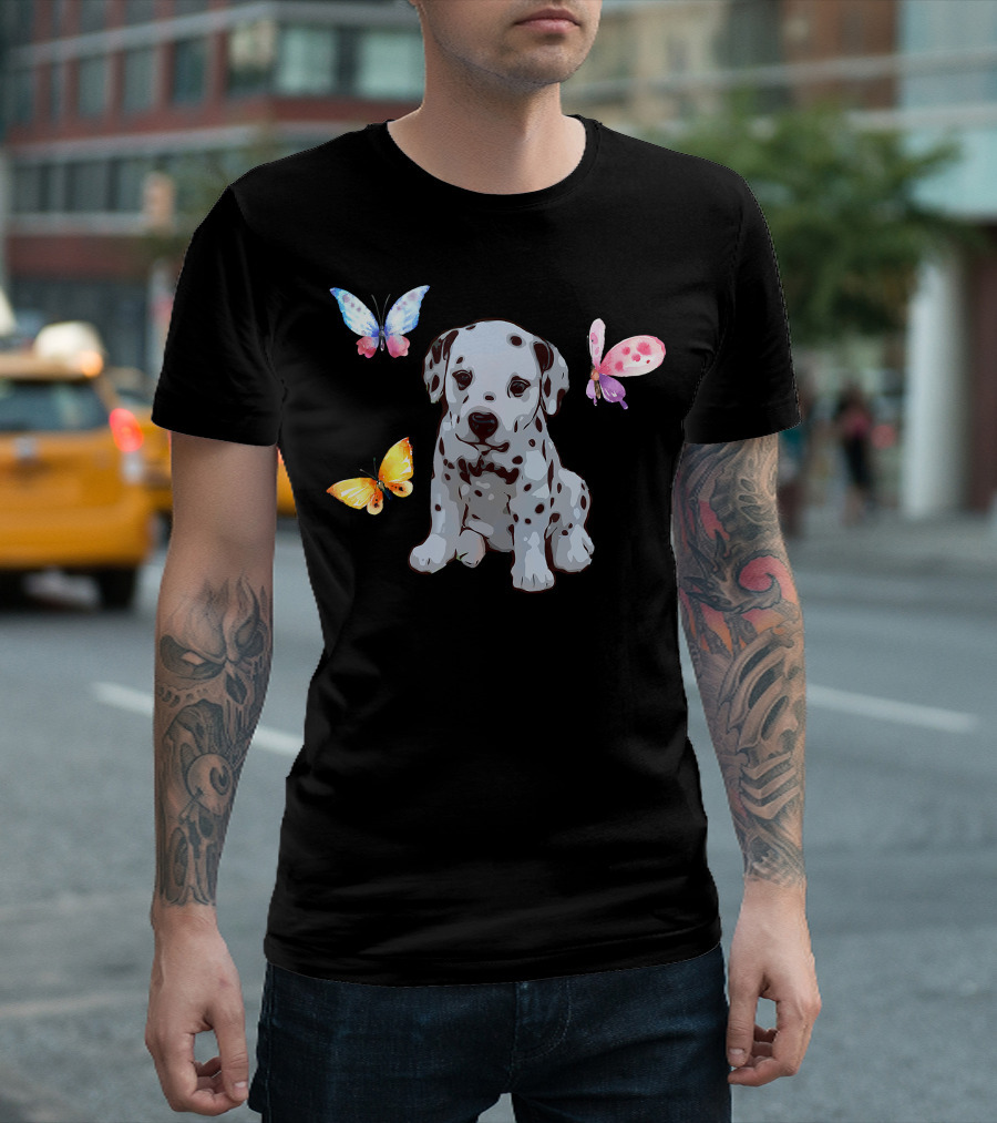 Dalmatian Puppy Surrounded By Colorful Butterflies T-Shirt