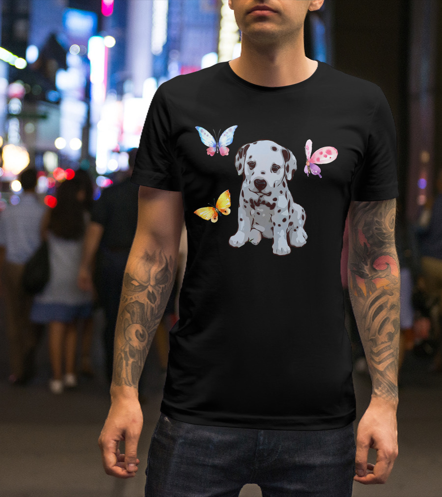 Dalmatian Puppy Surrounded By Colorful Butterflies T-Shirt