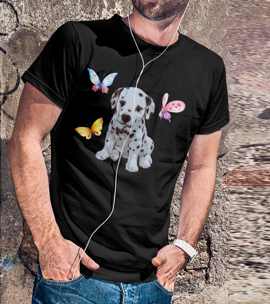 Dalmatian Puppy Surrounded By Colorful Butterflies T-Shirt