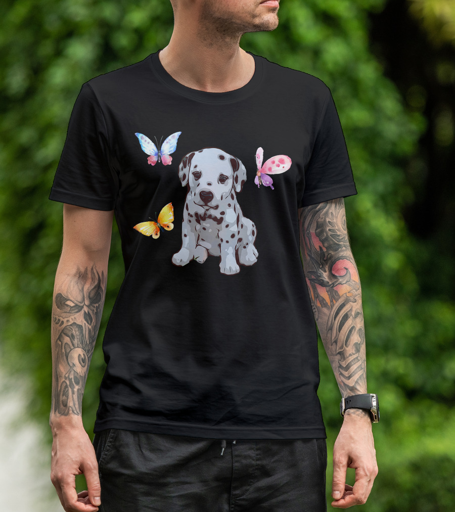 Dalmatian Puppy Surrounded By Colorful Butterflies T-Shirt