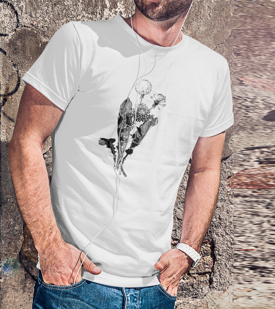 Dandelion Botanical Drawing Gardener Dande Black And White Sketch T-Shirt
